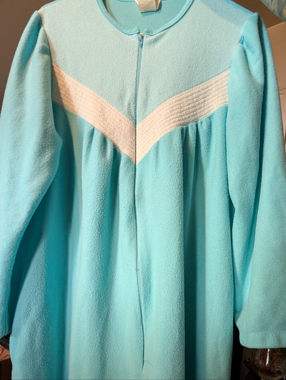 Vintage Large 60's Aqua Full Zip Nightgown with Bold Classic Chevron Neckline